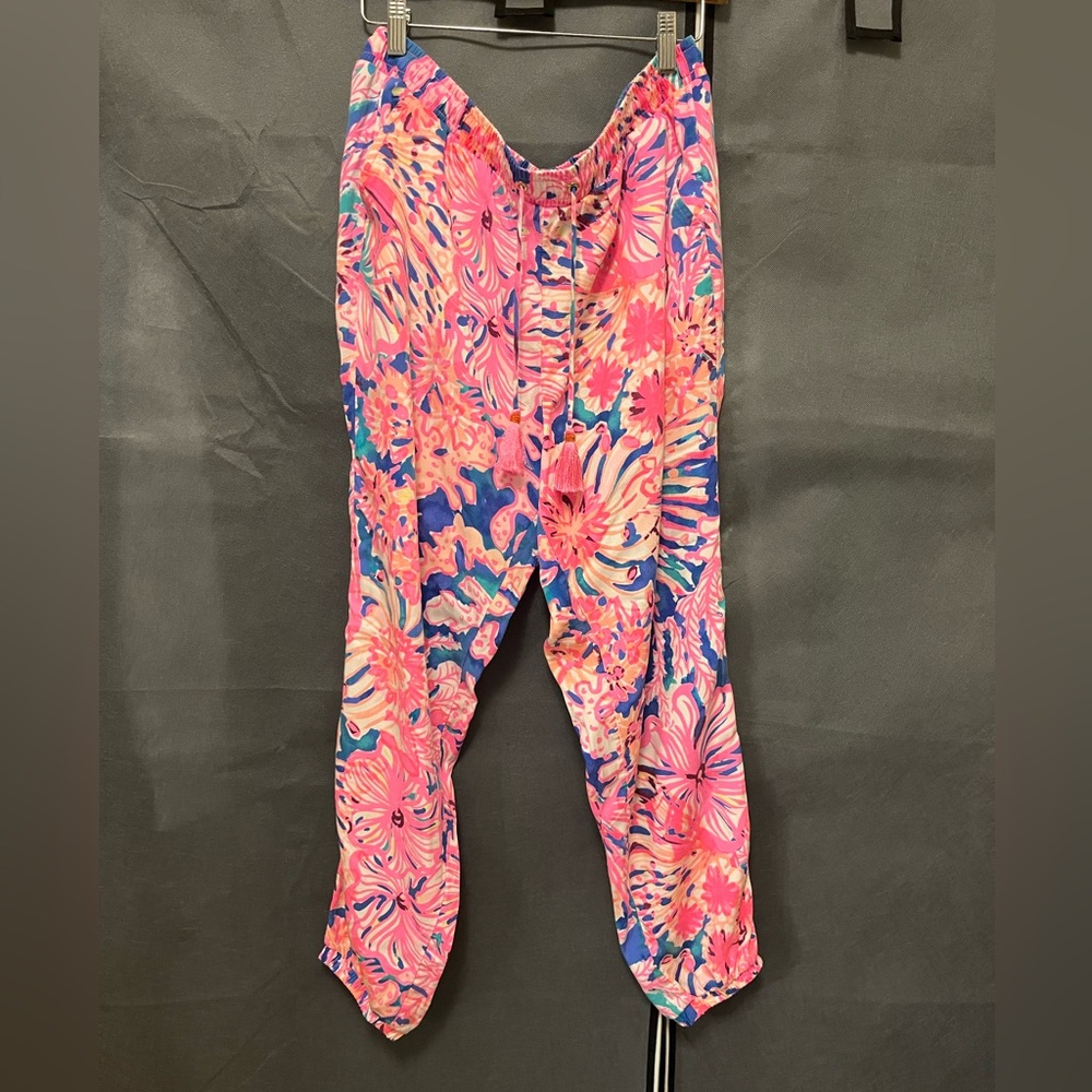 LILY PULITZER Pull On Jogger Pants Size L Pink Floral Print Tassels, with pocket